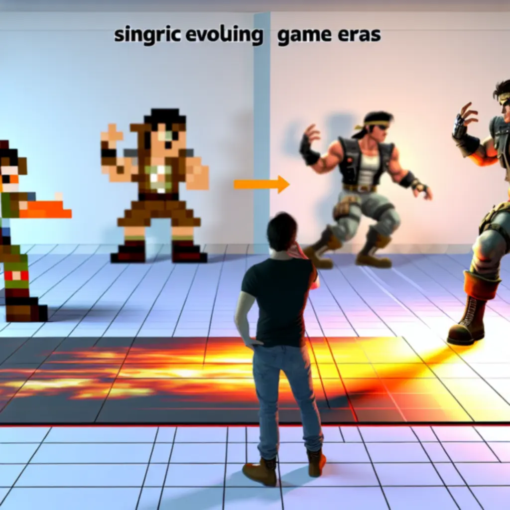Oś czasu przedstawiająca ewolucję wyglądu bohaterów Evoland 2 w kolejnych stylach graficznych.