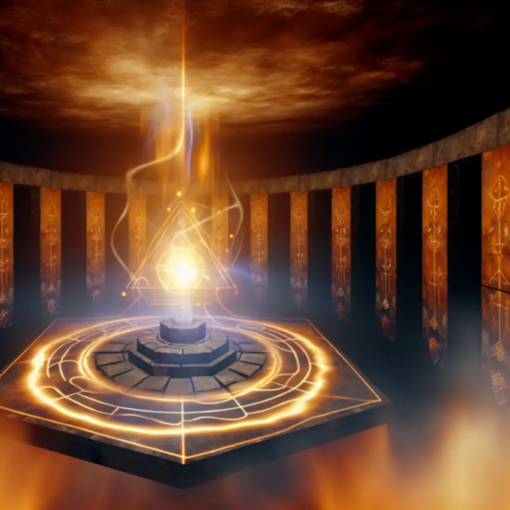 Starodawna komnata Magów wypełniona świecącą technologią i mistycznymi symbolami