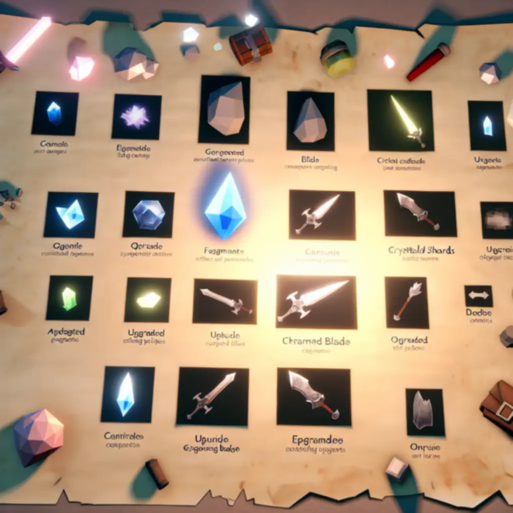 Zestaw artefaktów i ulepszeń przedstawiający system kolekcjonowania przedmiotów w Evoland 2.